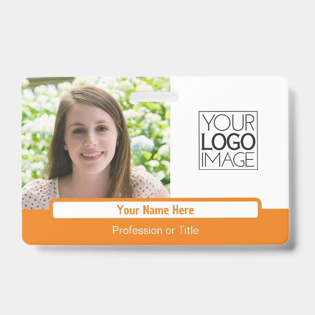 Modern Orange Colour Block Professional Photo Name ID Badge (Front)