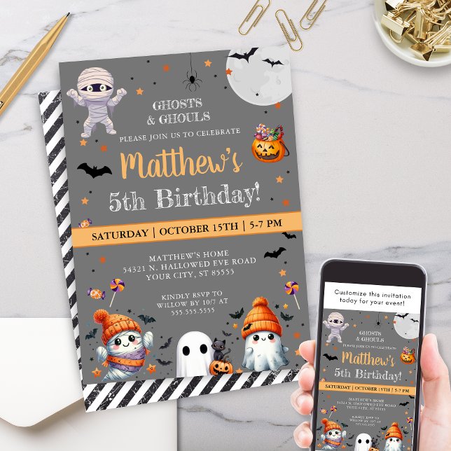 Modern Orange Cute Ghost Party Halloween Birthday Invitation (Spooktacular halloween birthday party invitations for costume party cute ghost theme party invites)