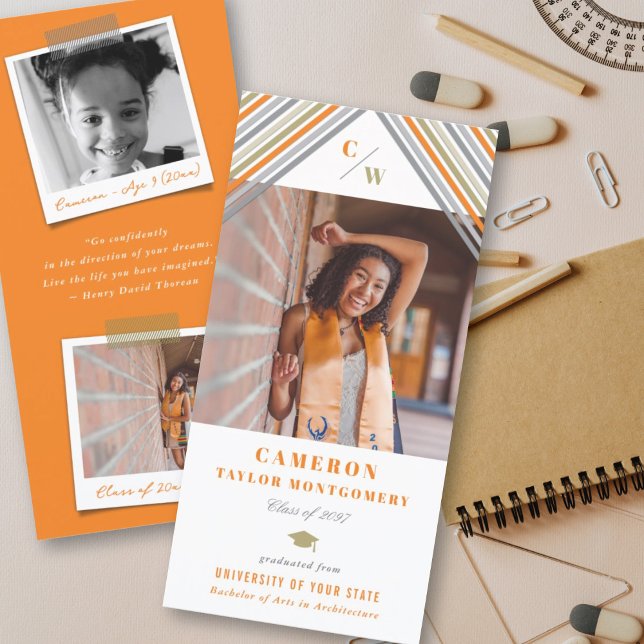 Modern Orange Diagonal Stripes Photo Graduation Announcement (Creator Uploaded)