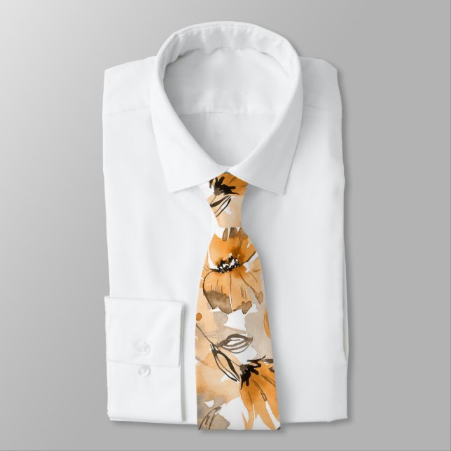 Modern Orange Fall Trendy Floral Neck Tie (Tied)