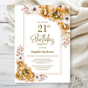 Modern Orange Floral 21st Birthday Party Invitation