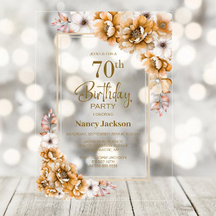 Modern Orange Floral 70th Birthday Party Acrylic Invitations