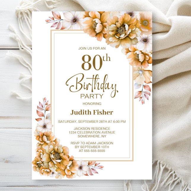 Modern Orange Floral 80th Birthday Party Invitation (Creator Uploaded)