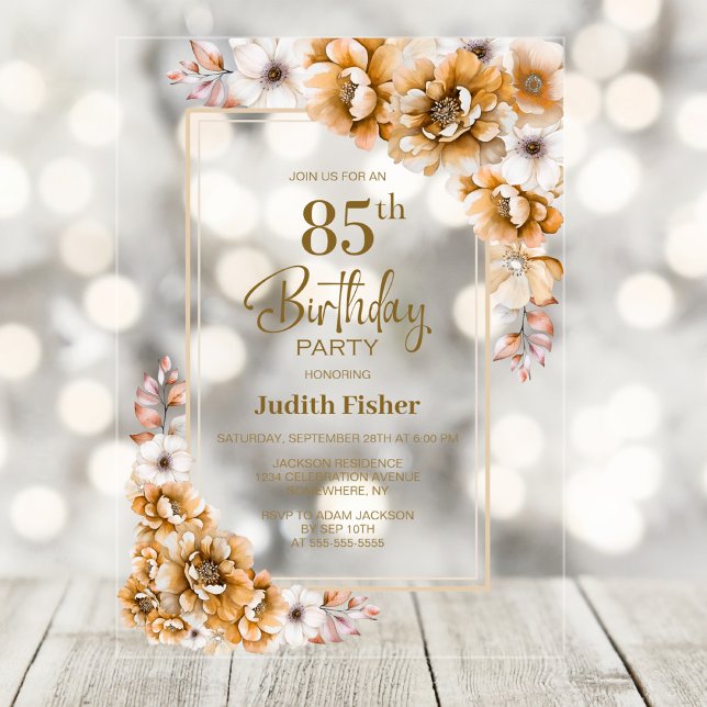 Modern Orange Floral 85th Birthday Party Acrylic Invitations (Creator Uploaded)