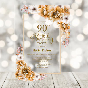 Modern Orange Floral 90th Birthday Party Acrylic Invitations