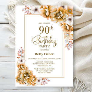 Modern Orange Floral 90th Birthday Party Invitation