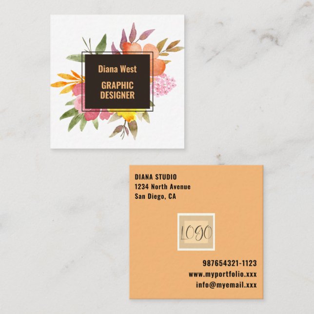  Modern Orange Floral Business Card (Front/Back)