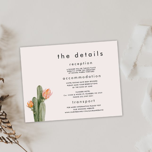 Modern Orange Floral Cactus Wedding Details Card (Modern Flowering Cactus Wedding Details Card, Orange Flowering Cactus Wedding Details Enclosure Card)