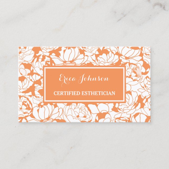 Modern Orange Floral Girly Certified Aesthetician Business Card (Front)