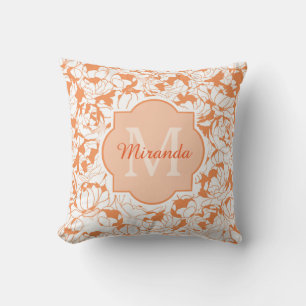 Modern Orange Floral Girly Monogram With Name Cushion