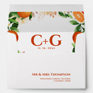 Modern Orange Floral Monogram  Citrus Wedding Envelope
