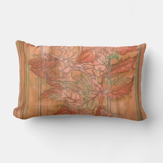 Modern Orange Floral Print on Stripped Background Lumbar Cushion (Front)