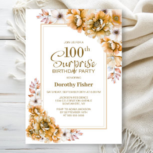 Modern Orange Floral Surprise 100th Birthday Party Invitation