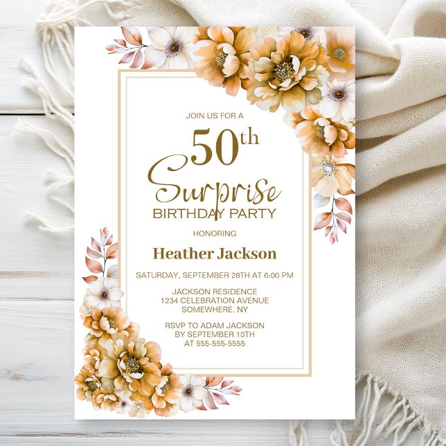 Modern Orange Floral Surprise 50th Birthday Party Invitation (Creator Uploaded)