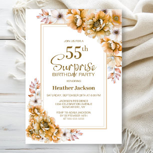 Modern Orange Floral Surprise 55th Birthday Party Invitation
