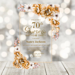 Modern Orange Floral Surprise 70th Birthday Party Acrylic Invitations