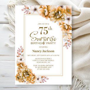 Modern Orange Floral Surprise 75th Birthday Party Invitation