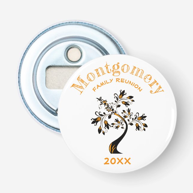 Modern Orange Floral Tree Family Reunion Memento Bottle Opener (Front)
