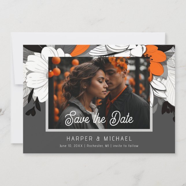 Modern orange floral wedding photo save the date invitation (Front)