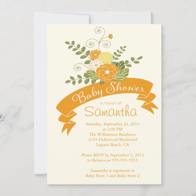 Modern Orange Flower Floral Baby Shower Invitation (Front)