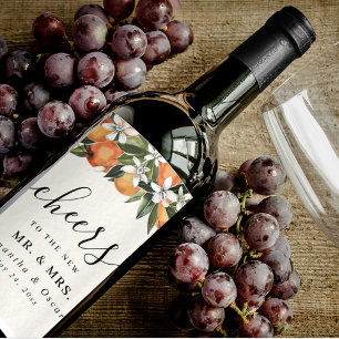 Modern Orange & Flowers Watercolor  Wine Label