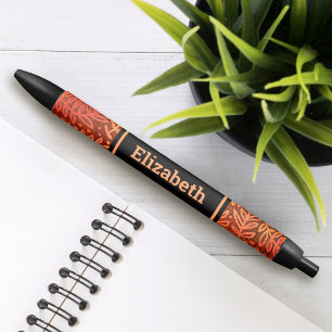 Modern orange foliage leaves pattern custom name black ink pen