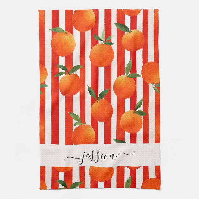Modern orange fruits pattern script name  tea towel (Vertical)
