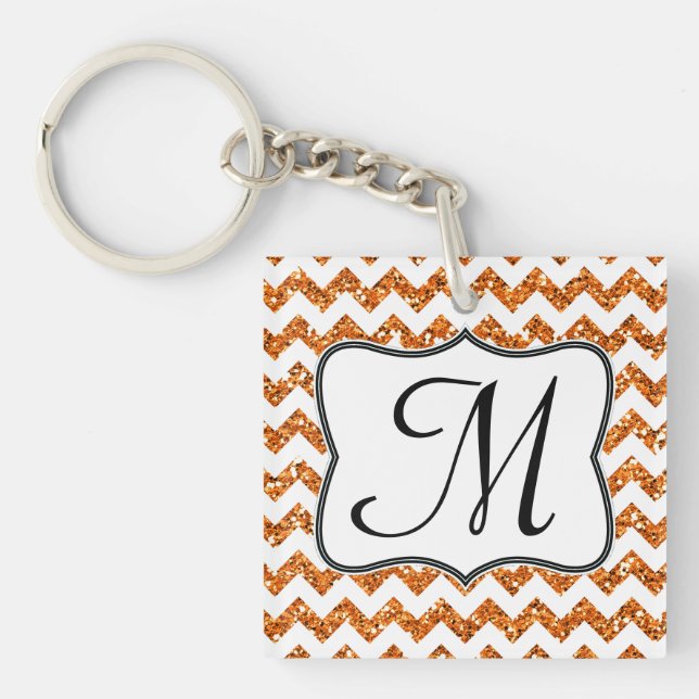Modern Orange Glitter Chevron Zig Zag Key Chain (Front)