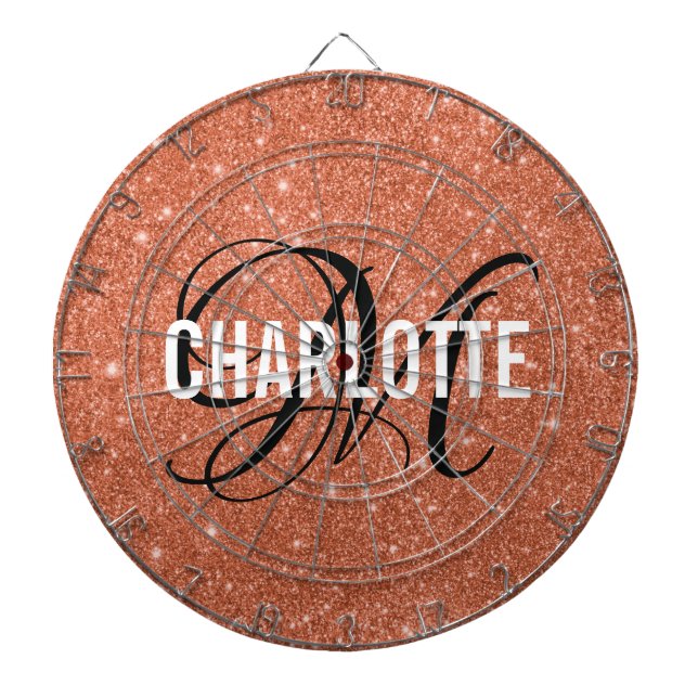 Modern orange glitter monogram name dart board (Front)