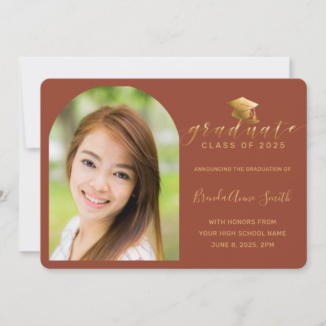 Modern Orange Gold Cap Script Photo Graduation Announcement (Front)