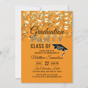 Modern ORANGE Gold Glitter GRADUATION Party Invitation