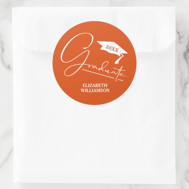Modern Orange Graduation Party Classic Round Sticker (Bag)