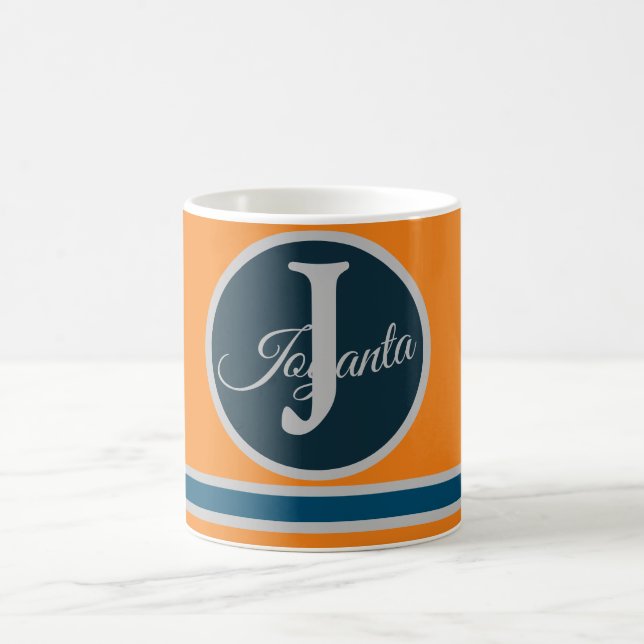 Modern orange greay blue Monogram Elegant Coffee Mug (Center)