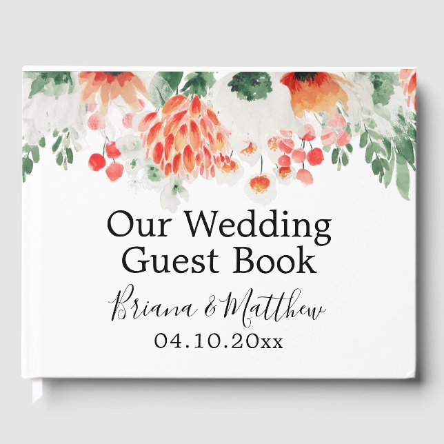 Modern Orange Greenery Wildflowers Floral Guest Book (Front)