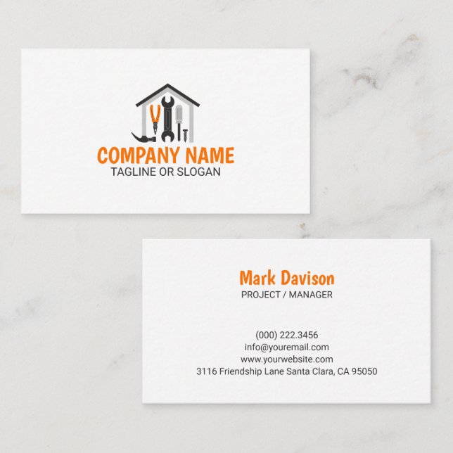 Modern Orange House Tools Contractor Business Card (Front/Back)