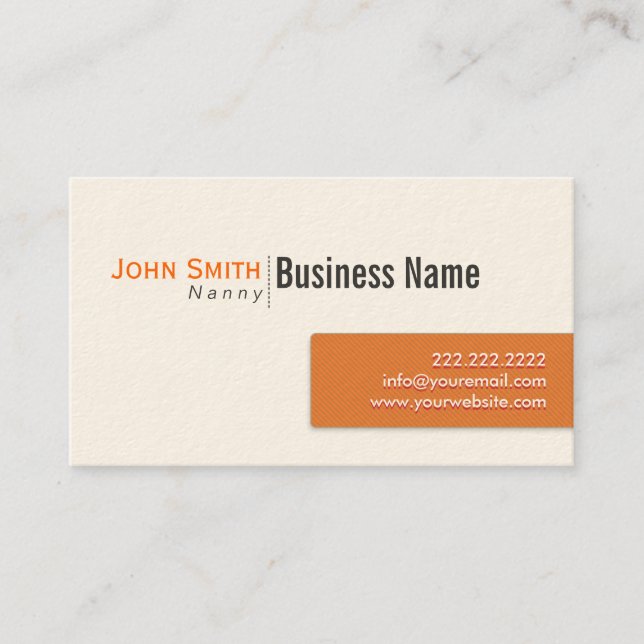 Modern Orange Label Nanny Business Card (Front)