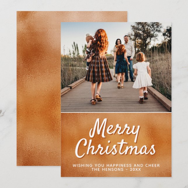 Modern Orange Metallic Merry Christmas Photo Holiday Card (Front/Back)