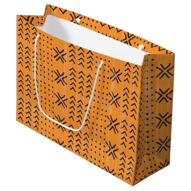Modern Orange Mudcloth African Pattern Large Gift Bag (Front Angled)