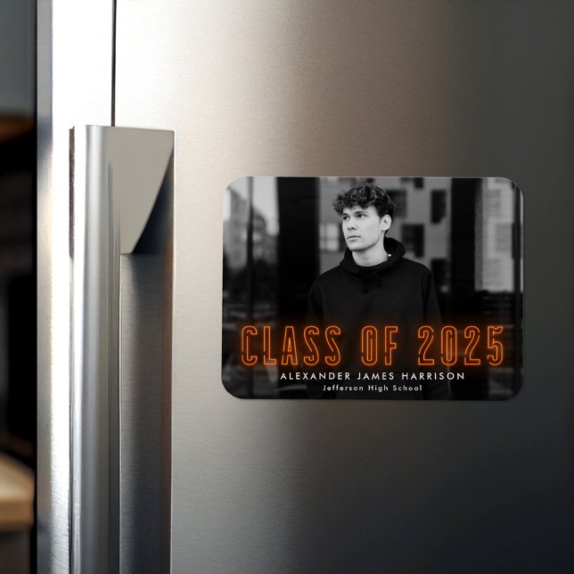 Modern Orange Neon Class of 2025 Photo Graduation Magnet (Creator Uploaded)
