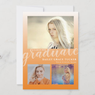 Modern Orange Ombre Graduate 3-photo Graduation Announcement
