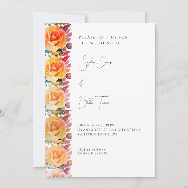 Modern Orange Ombre Roses White Wedding Invitation (Front)