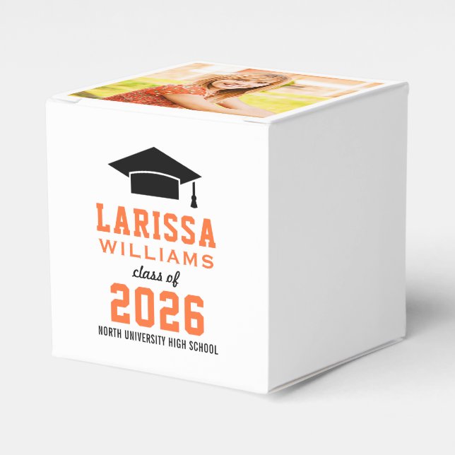 Modern Orange Photo Custom Graduation Party Favour Box (Front Side)