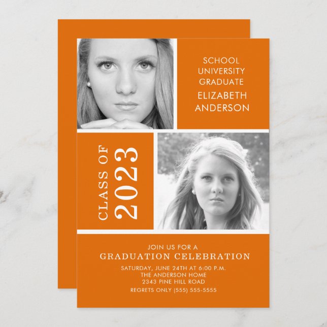 Modern Orange Photo Graduation Invitation (Front/Back)