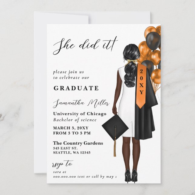 Modern Orange Photo She Did It Graduation Invitation (Front)