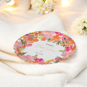 Modern Orange pink floral script bridal shower Paper Plate