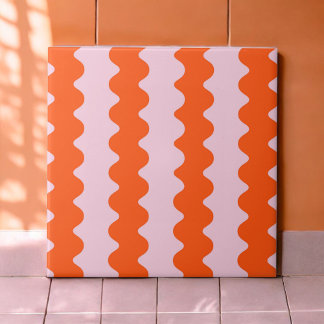 Modern Orange Pink Groovy Stripe Minimalist Spring Tile