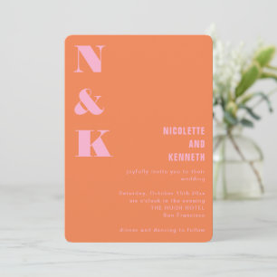 Modern Orange Pink Monogram Initials Wedding Invitation