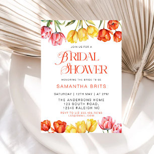 Modern Orange Pink Tulips Floral Bridal Shower Invitation