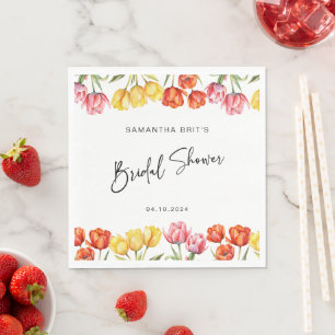 Modern Orange Pink  Tulips Floral Bridal Shower Napkin