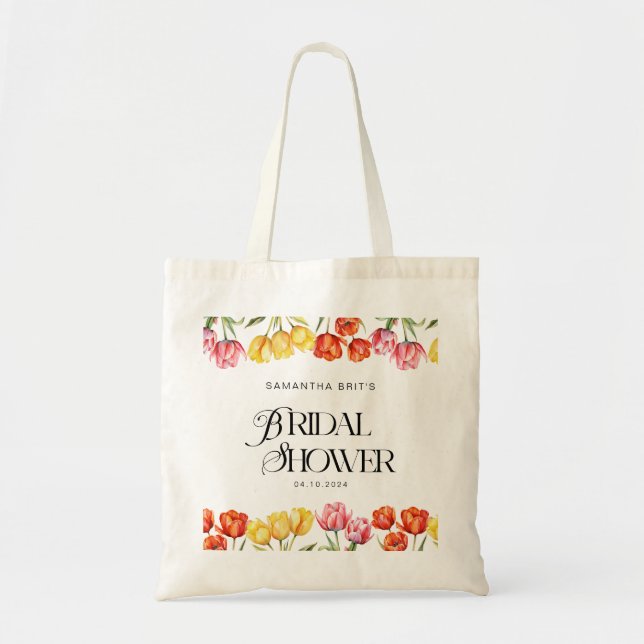 Modern Orange Pink  Tulips Floral Bridal Shower Tote Bag (Front)